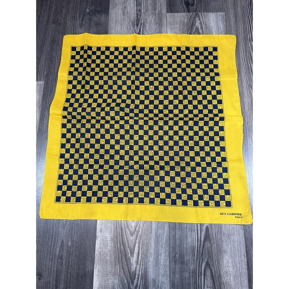 Guy LaRoche Paris Vintage Yellow Checkered Scarf 22 x 22 Made In France Retro